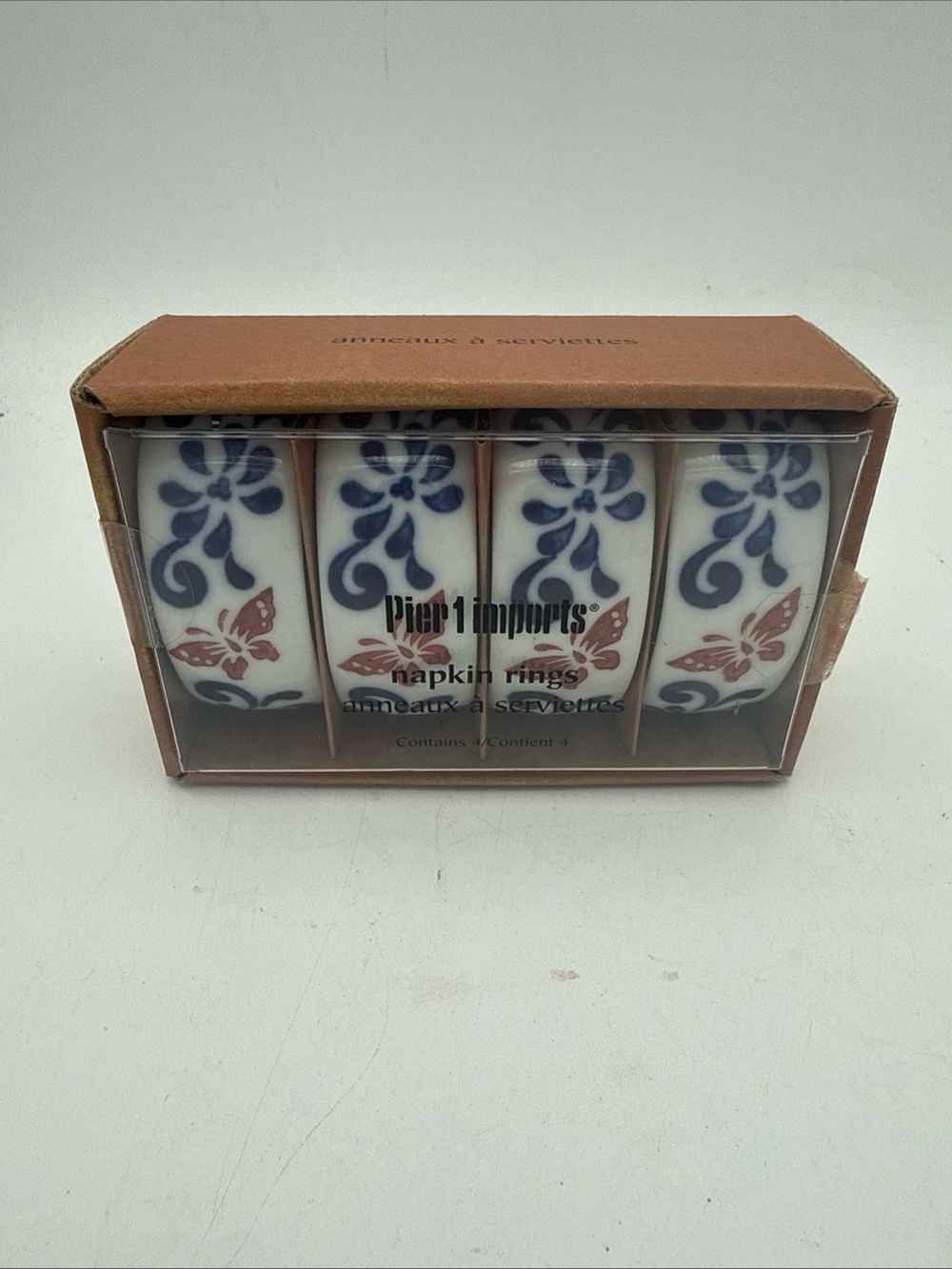 Pier 1 One Butterfly Blue Red Ceramic Napkin Rings Holder Set Of 4